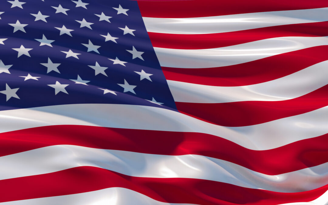 Fluttering Silk Flag Of United States Of America. Old Glory In The Wind, Colorful Background