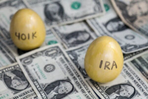 Retirement Golden Eggs On Dollars, IRA In Focus, 401k Blurry